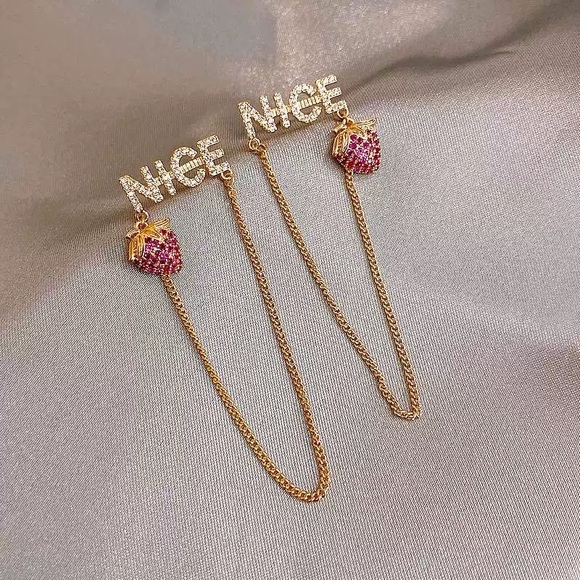 Jewelry - 4/$15 Cute Rhinestones Gold and Pink Strawberry Chain Earrings